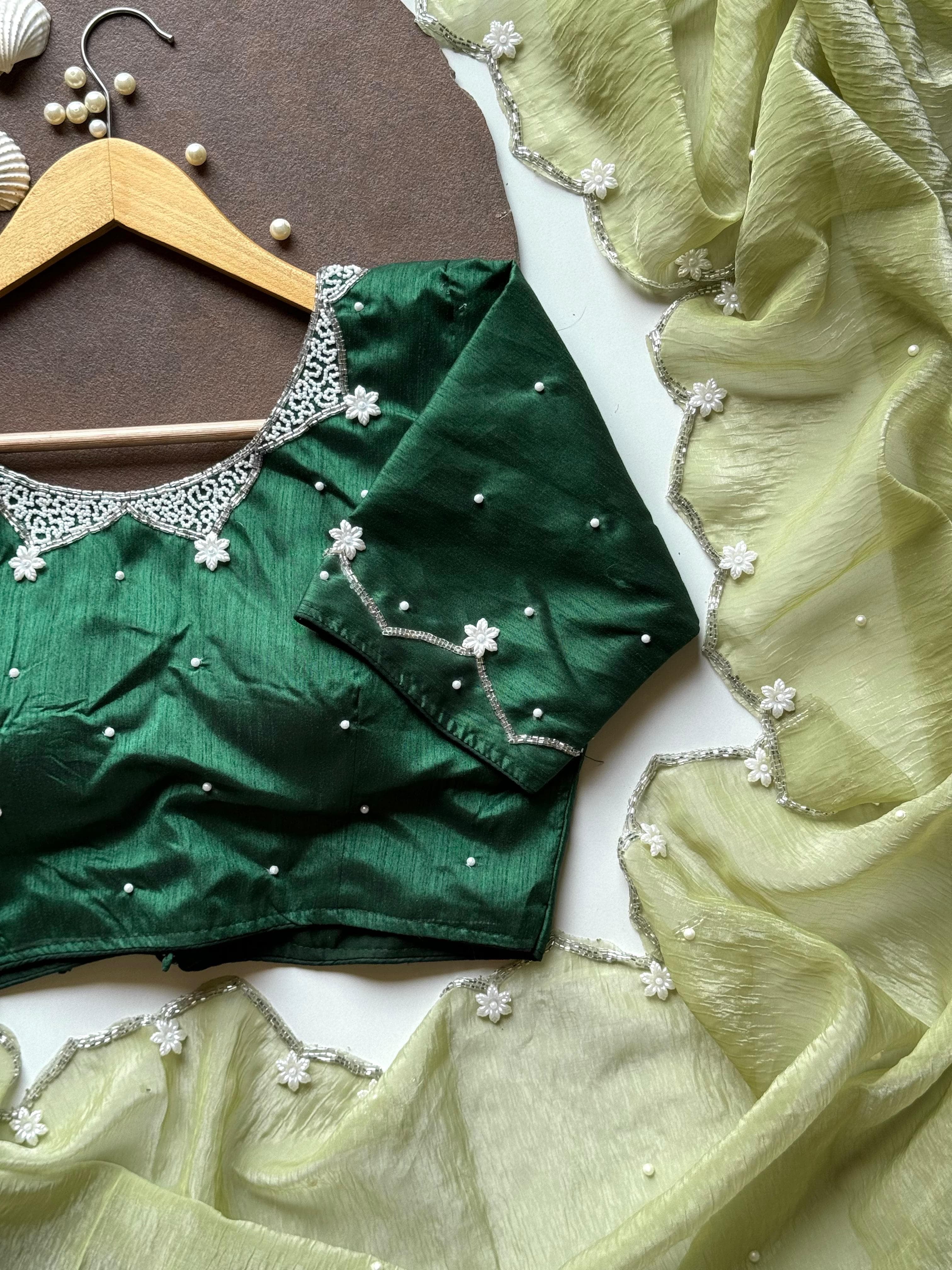 Pearls on Green Rose Saree