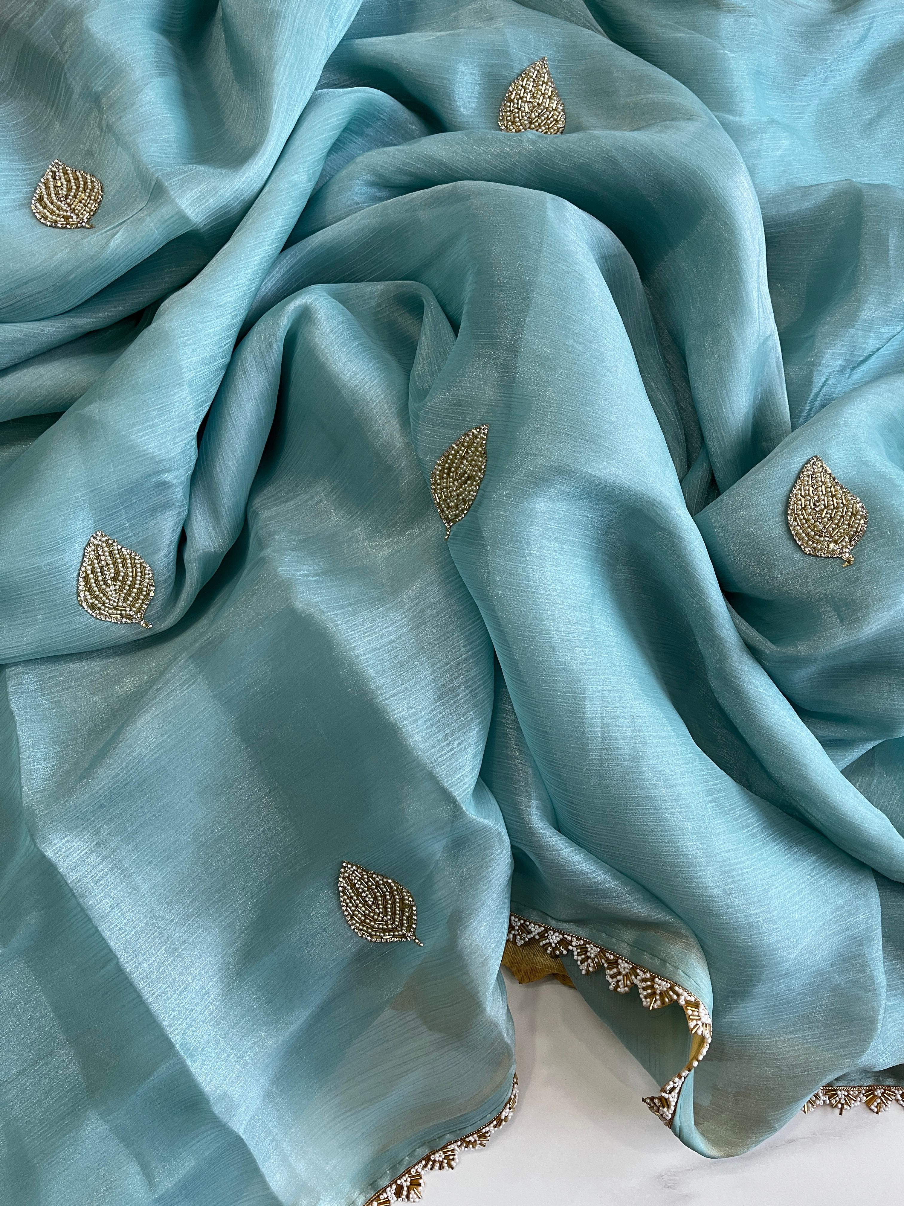 Jarkan Leaf Sky Tissue Saree